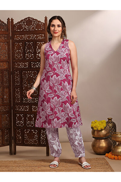 Globus By Styli Women Pink V-Neck Sleeveless Abstract Print Kurta with Pants Set