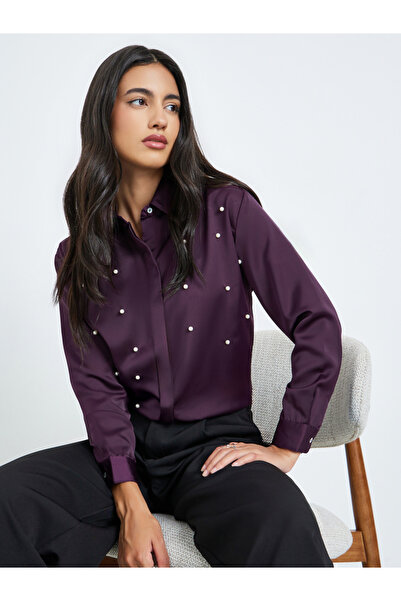 Styli Purple Pearl-Embellished Long Sleeve Shirt
