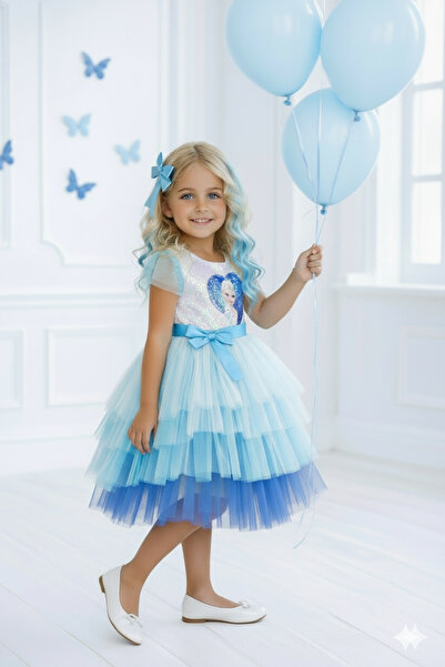 RUMİ KİDS Elsa elbise pullu tokalı abiye mavi parti elbisesi