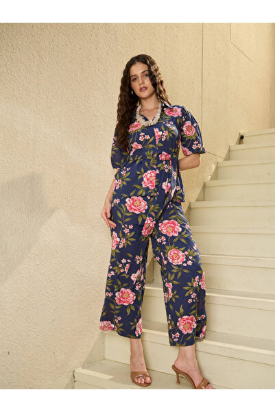 Imana By Styli Navy Blue Floral Print Pure Cotton Shirt with Trousers Co-Ords