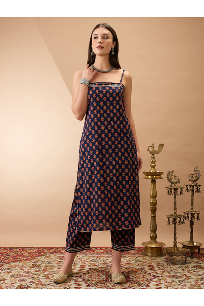 Globus By Styli Women Navy Blue Strappy Floral Print Straight Kurta with Pant...
