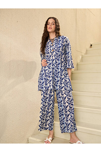 Imana By Styli Blue Printed Pure Cotton Top with Trousers Co-Ords