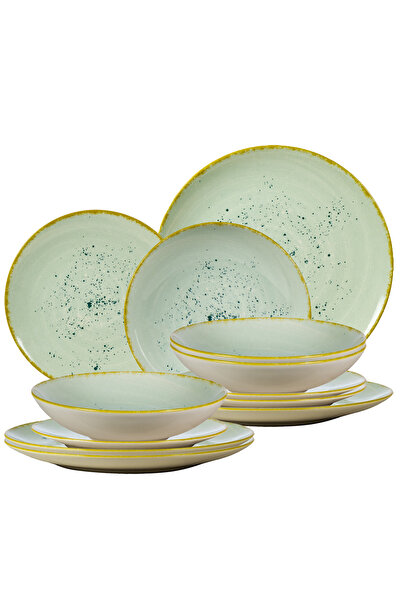 Cesiro Σετ 12 πιάτων για 4 άτομα, φιστίκι, ιβουάρ με τιρκουάζ