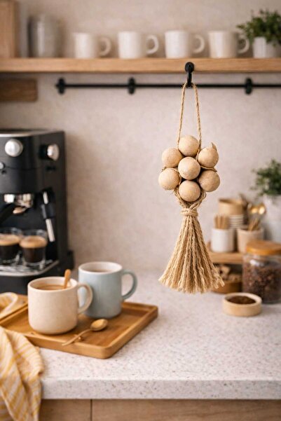 ecrella Doğal Ahşap Boncuklu Püsküllü Mini Çiçek Dekor – Kahve Köşesi, Mutfak...