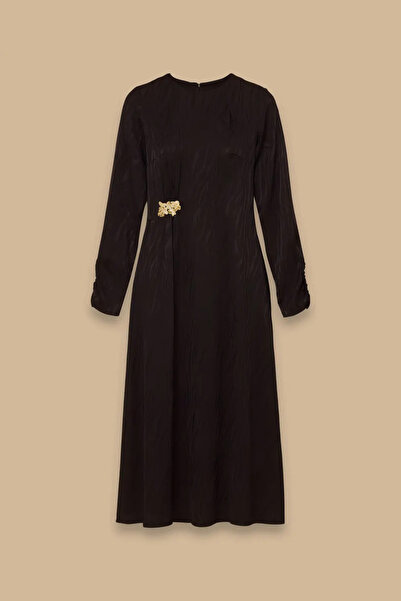 SEÇİL Kadın Aksesuarlı Desenli Jakar Elbise - Siyah