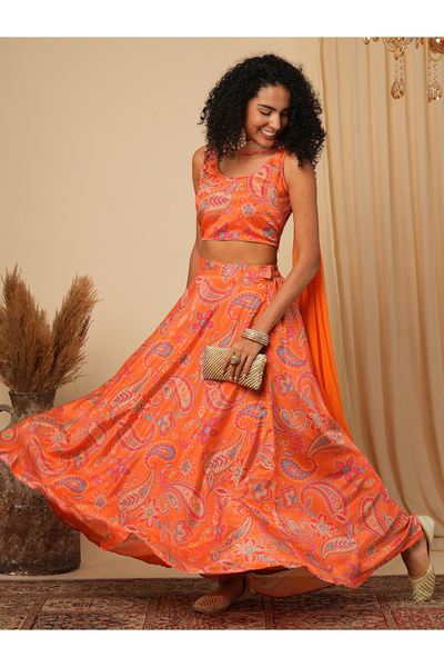 Globus By Styli Orange Sleeveless Paisley Printed Top with Lehenga and Embroi...