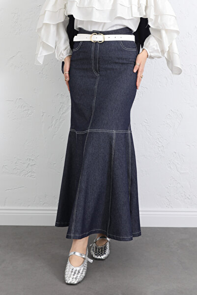 Salih Çelebi Contrast Stitching Pieces of Denim Skirts Y0115 - Dark Blue