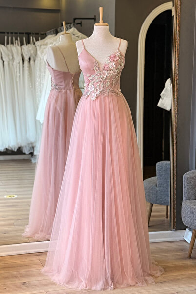 Lenta Moda Pudra Üç Boyutlu Dantel Detaylı Askılı Tül Abiye/Gece Elbisesi