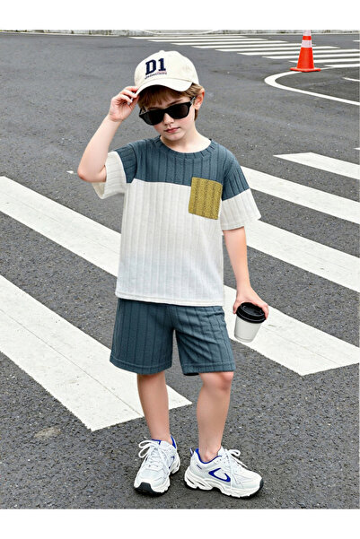 Take Two By Styli Boys Color Block Knit T-Shirt and Shorts Set