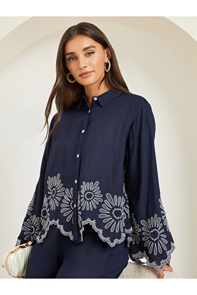 Styli قميص نسائي بقصة قصيرة باللون الأزرق الداكن بتفاصيل كروشيه