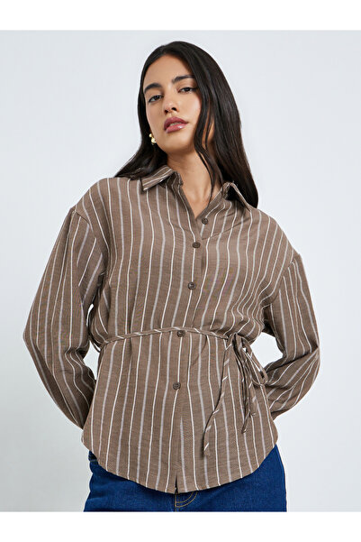 Styli Brown Striped Long Sleeve Shirt with Tie Waist
