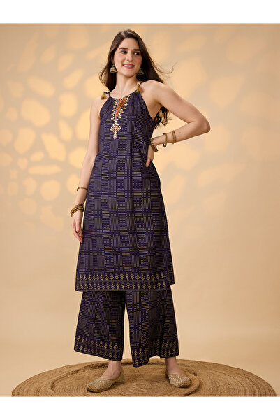 Globus By Styli Women Navy Blue Embroidered Foil Printed Kurta with Pants Set