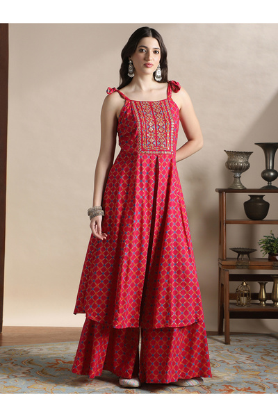 Globus By Styli Women Pink Tie-Up Shoulder Straps Embroidered Kurta and Palaz...