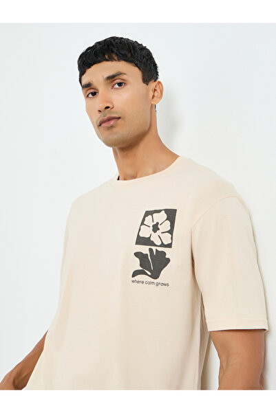 Styli Men Beige Graphic Print Oversized T-Shirt