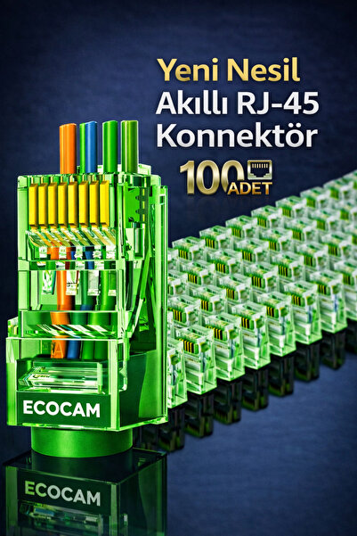 Ecocam 100 Adet Yeşil Renk Yeni Nesil Delikli Rj45 Cat5 Cat6 Ethernet Interne...