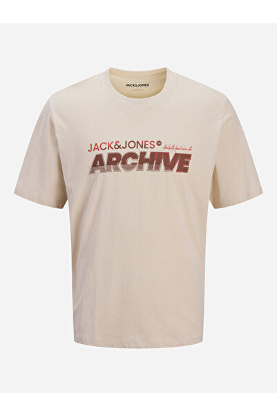 Jack & Jones Beige Crew Neck Logo Print T-Shirt