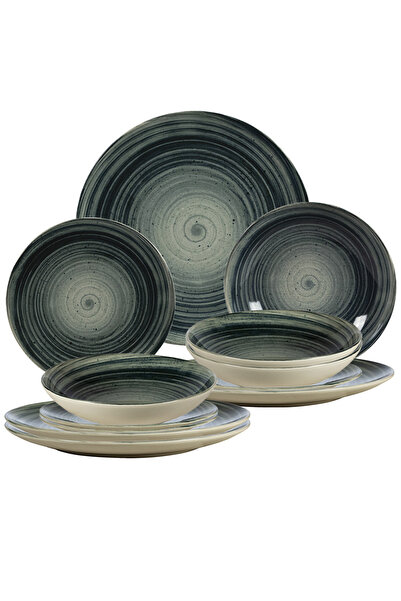 Cesiro Set of 12 Plates for 4 Persons, Graffiti, Ivory with Dark Gray Circles
