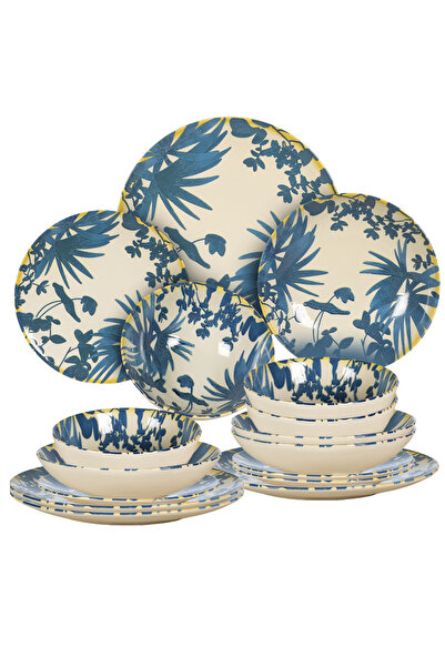 Cesiro Set of 16 Plates for 4 Persons, Foliage, Ivory Decor with Dark Blue Le...
