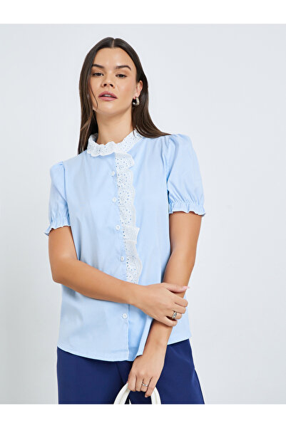 Take Two By Styli Light Blue Striped Ruffle Lace Trim Top