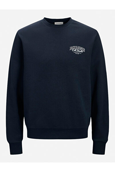 Jack & Jones سويت شيرت أزرق داكن مطبوع برقبة دائرية