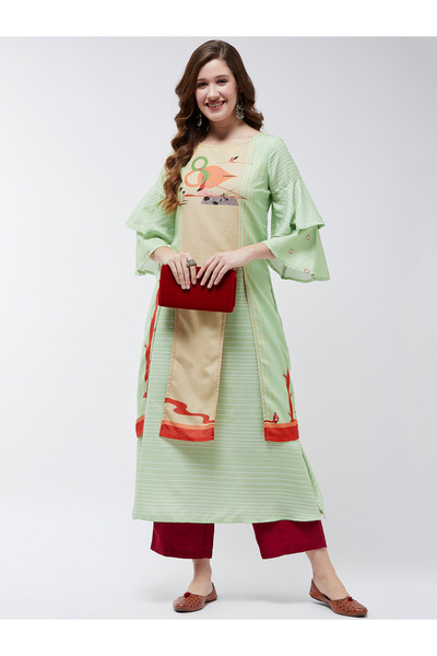 Pannkh By Styli Green Double Layered Flamingo Printed Kurta