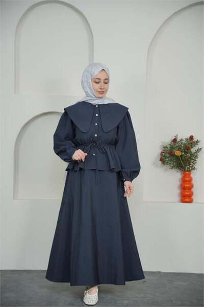 Dipmoda Women's Navy Blue Cape Collar Skirted Hijab Suit Dpvq3134