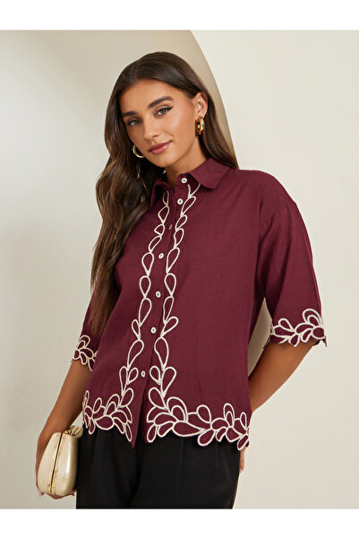 Styli Women Burgundy Embroidered Short Sleeve Shirt