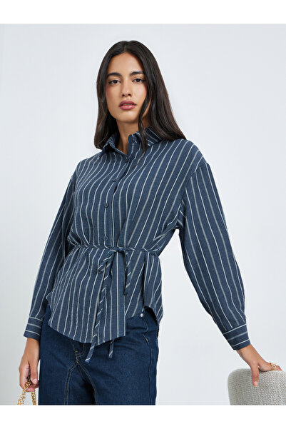 Styli Navy Striped Long Sleeve Shirt with Tie Waist