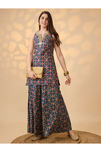 Globus By Styli Women Navy Blue Embroidered Kurti with Palazzos Co-Ords