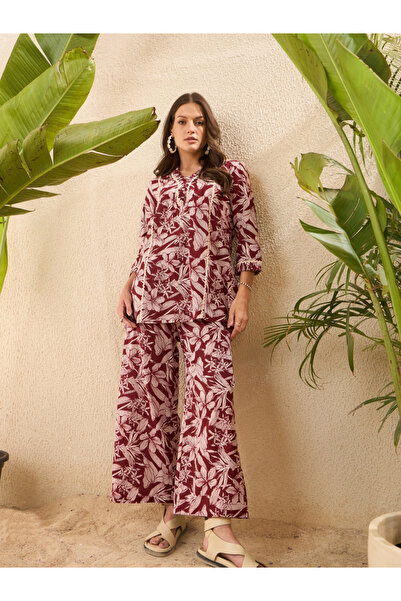 Imana By Styli Brown Floral Printed Pure Cotton Top and Trousers Co-Ords