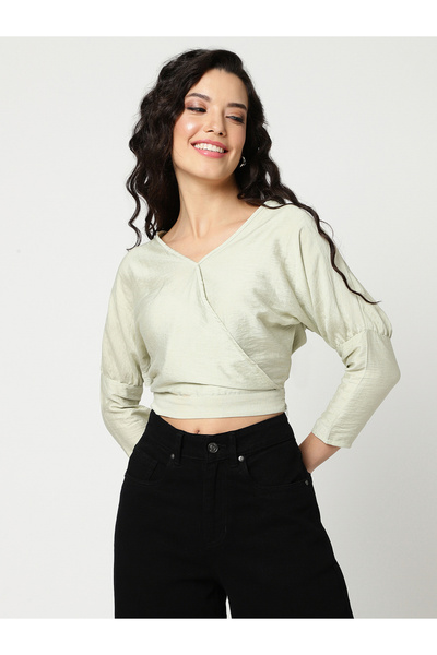Pannkh By Styli Green 3/4 Sleeve Wrap Front Crop Top