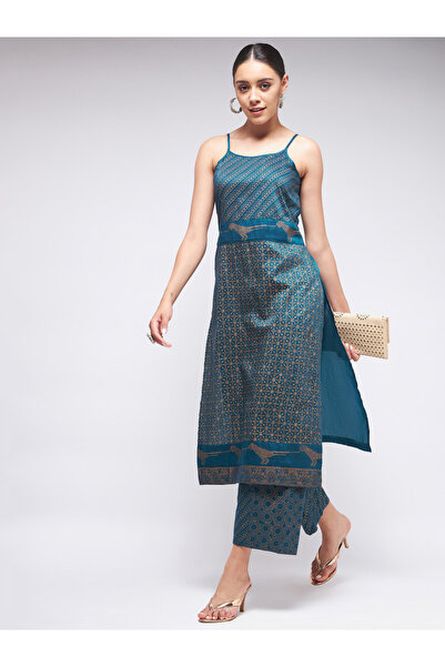 Pannkh By Styli Blue Sleeveless Block Printed Kurta and Pants Set