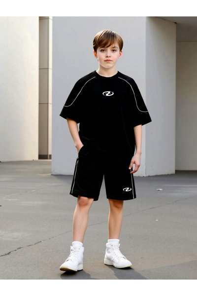 Take Two By Styli Boys Black Graphic Print T-Shirt and Shorts Set