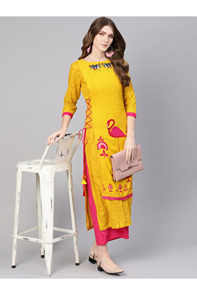 Pannkh By Styli Yellow Double Layered Flamingo Printed Kurta