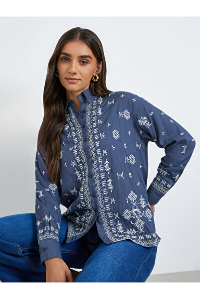 Styli Women Blue Embroidered Oversized Shirt