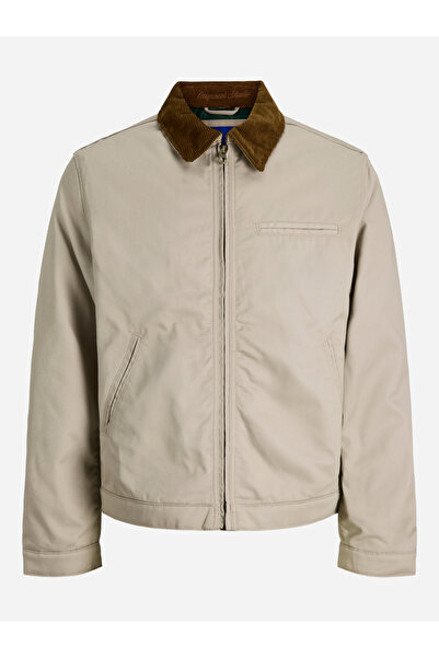 Jack & Jones Beige Solid Zip-Up Worker Jacket