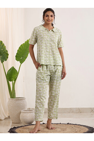 Sanskrutihomes By Styli Green Printed Cotton Shirt and Pyjama Set