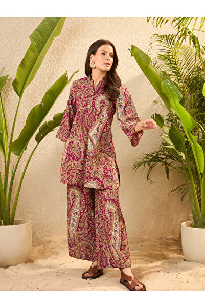 Imana By Styli Maroon Paisley Pure Cotton Kurti and Straight Trousers Co-Ords