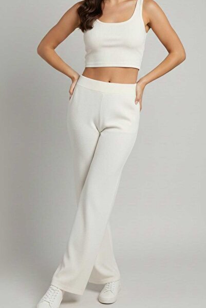 Swana Pantaloni de damă tricotaj cu striații - Ecru