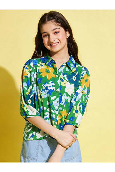 Stylo Bug By Styli بلوزة خضراء بنقشة زهور للبنات بأكمام ثلاثة أرباع