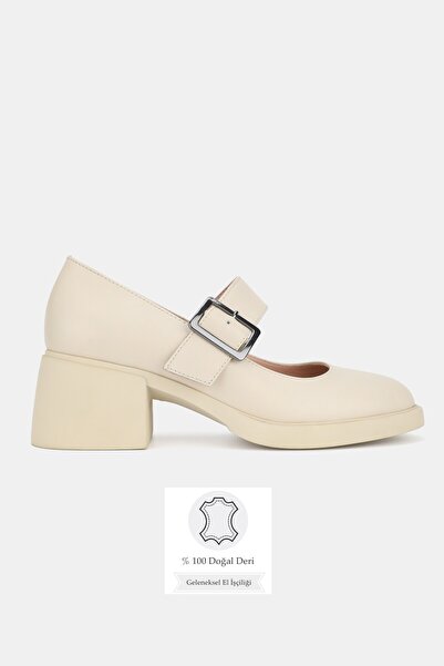 TUNAELLİ Women's Beige Genuine Natural De Leather 6-41 Number Buckle Shoes Ma...