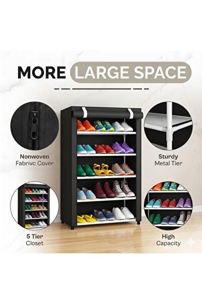 Tradeo منظم أحذية محمول بخمس طبقات مع غطاء من قماش غير منسوج مقاوم للغبار - أسود