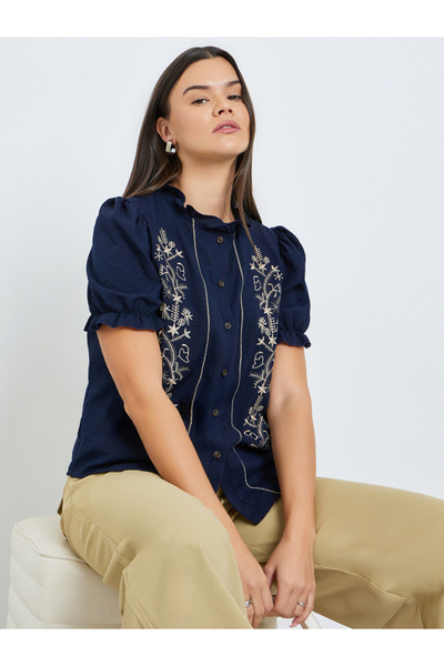 Take Two By Styli Navy Blue Embroidery Short Sleeve Top