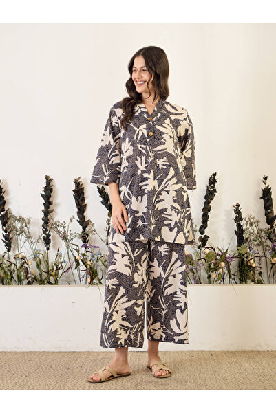 Imana By Styli Black Printed Pure Cotton Top with Trousers Co-Ords