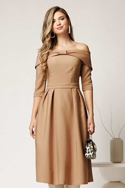 DyFashion Irene beige midi dress in cloisonné with Off-Shoulder and bow at th...
