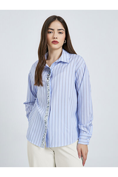 Styli Blue Striped Shirt with Embellished Placket