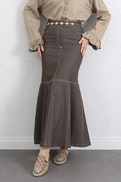 Salih Çelebi Contrast Stitching Pieces of Denim Skirts Y0115 - Brown