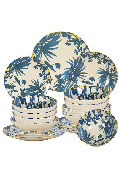 Cesiro Set of 24 Plates for 6 People, Foliage, Ivory Decor with Dark Blue Leaves