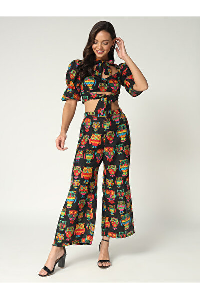 Pannkh By Styli Black Owl Print Crop Top and Wide Leg Pants Co-ords