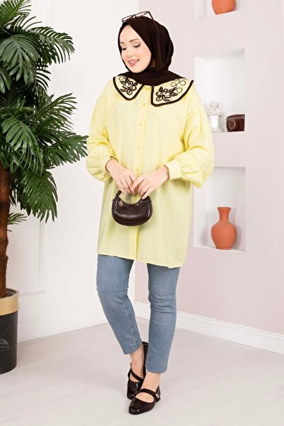 EBRUTESETTÜR Collar Embroidered Hijab Tunic Yellow
